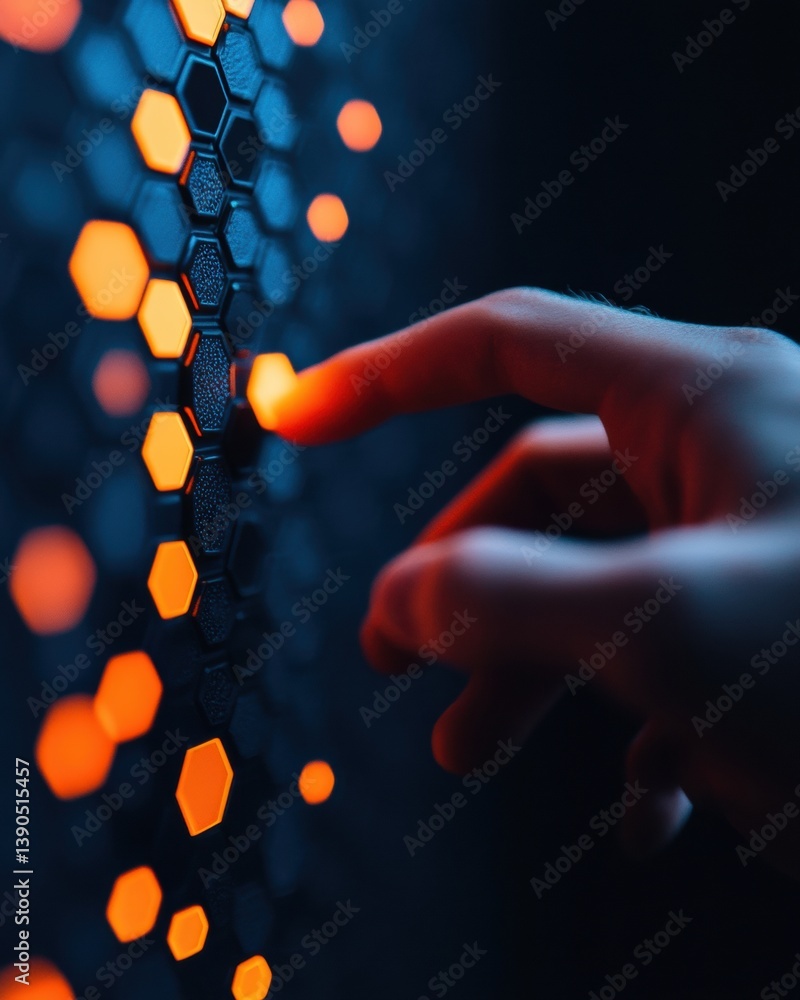 Poster Immersive AI Learning Futuristic Digital Interface Visualization with Interactive Hexagonal Touchscreen Technology for Next-Gen Professional Development