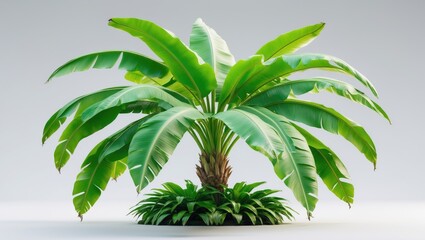 Traveller's palm tree set against a white background, banana tree integrated with ornamental plants in the garden.