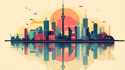 Toronto skyline sunset reflection, geometric art.