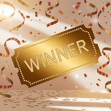 winner ticket on golden confetti background sign of winning and celebration illustration image for graphic resources or cards or wallpaper or print design 