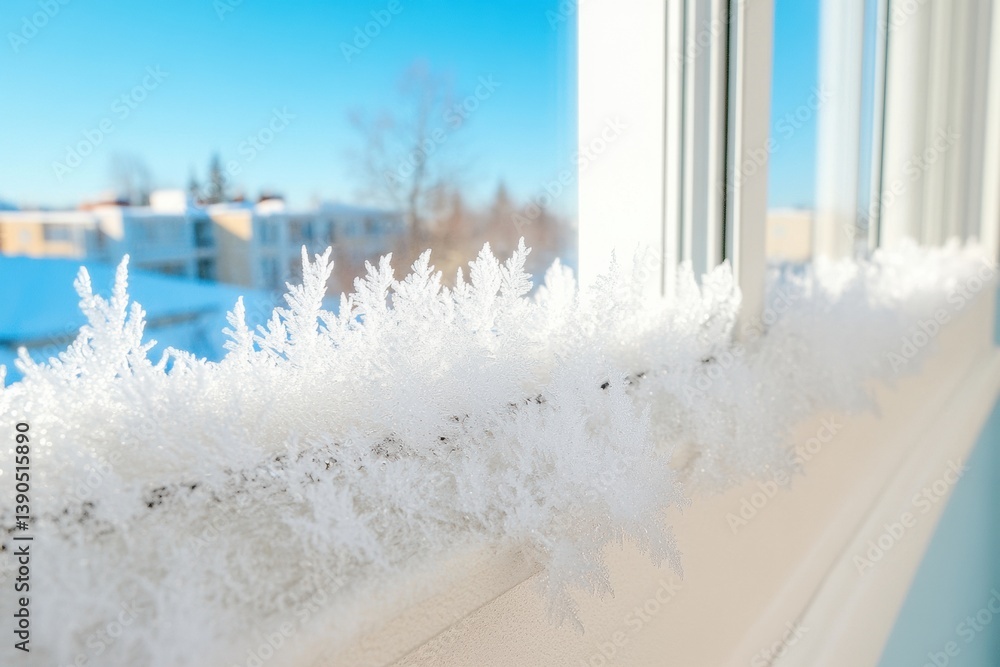 Poster minimalist climate analytics frost-etched window revealing hyper-detailed ice crystal macro patterns