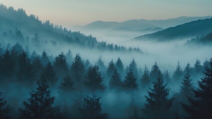 Obraz premium Trees in a forest in front of mountains in foggy weather