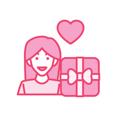 Flat Vector Illustration of a Smiling Girl with a Gift Box and Heart Symbol for Romantic and Celebration Designs
