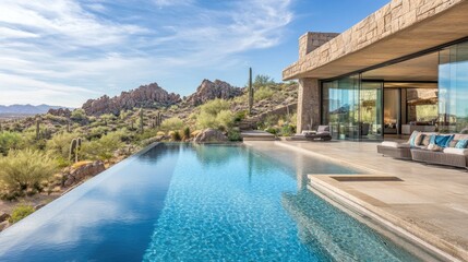 Fototapeta premium Modern luxury home with stunning desert view and infinity pool in serene landscape surrounded by rocky mountains