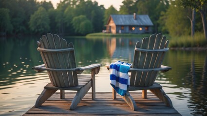Fototapeta premium Two chairs positioned on a wooden dock overlooking a serene lake. Across the water is a cottage surrounded by lush trees. Towels are draped over the chairs.