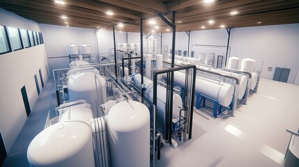 Obraz premium Large water processing facility with interconnected filtration systems.