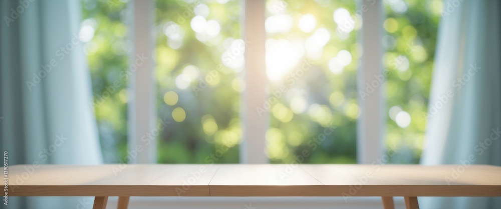Poster focused perspective on an empty wooden table top set against a blurred curtain window and abstract g