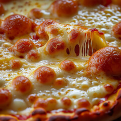 A close-up view of a cheese pizza with bubbling sauce and golden crust. The melty cheese pulls stretches, illustrating deliciousness and an inviting aroma