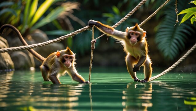 Two spider monkeys interacting on ropes above water in a zoo