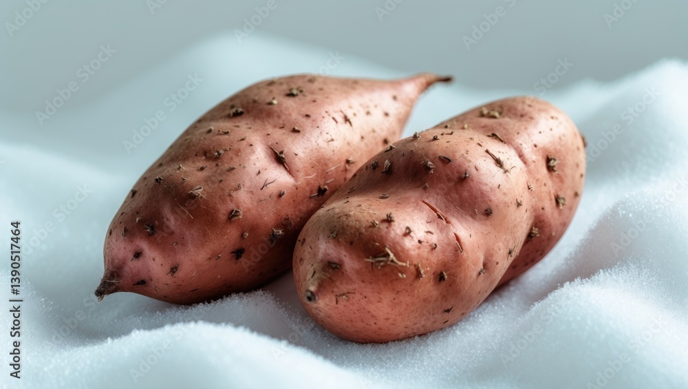 Poster two sweet potatoes on a white background. clipping path included. complete depth of field.