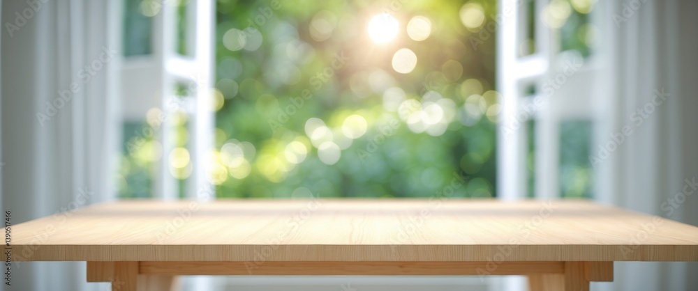 Poster selective emphasis on an unoccupied wooden tabletop with a blurred window curtain and abstract garde