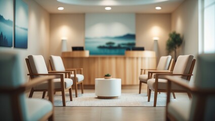 Softly blurred view of a tranquil wellness clinic interior highlighting modern design features, natural beauty, and comfortable seating for a restorative experience in health and therapy.