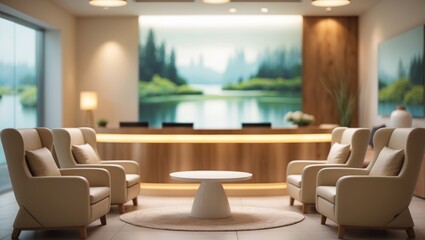 Obscured background of a calming wellness clinic space showcasing modern design elements, nature-inspired aesthetics, and inviting seating for a therapeutic and relaxing experience.
