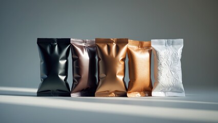 Set of different sugar packets isolated on a light grey backdrop.