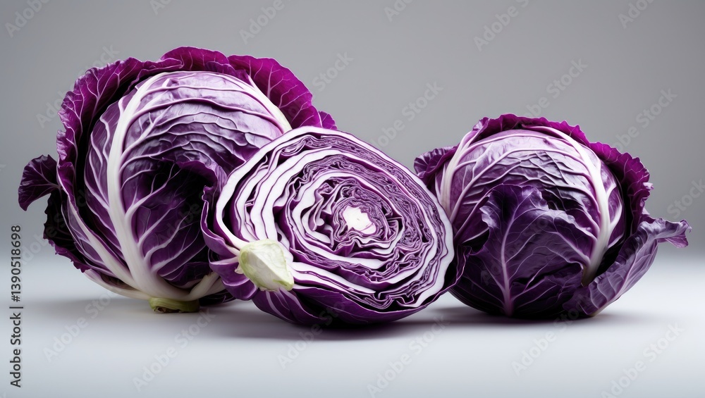 Poster two red cabbages and a slice separated on a white background. clipping path.