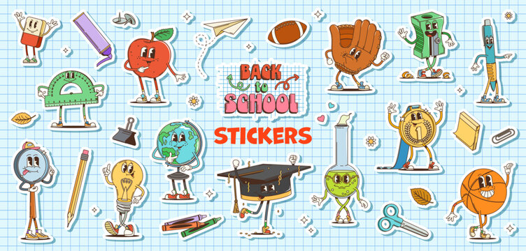 Groovy school education characters stickers pack, vector back to school stationeries and student supplies. Cartoon retro hippie pen, globe, ruler and graduation hat. Funny groovy flask, apple and ball
