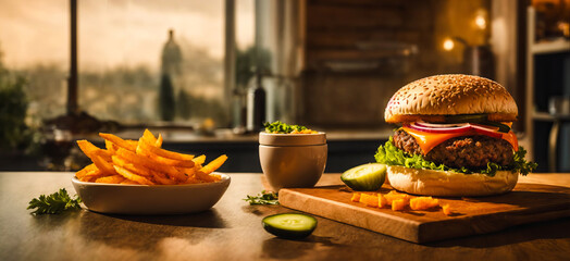 A mouth-watering burger stacked with lettuce, cheese, and onion alongside a plate of crispy fries and a bowl of fresh salad, set in a cozy home atmosphere