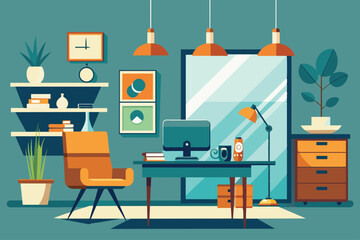 This workspace features a stylish desk with a computer, vibrant plant decor, shelves with art, and an inviting armchair, all under warm lighting and a bright atmosphere.