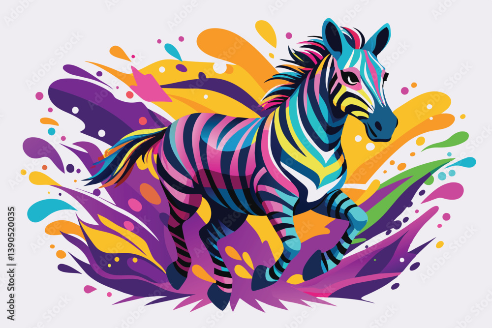 Poster a lively zebra gallops across a backdrop of dynamic, colorful splashes, showcasing vivid hues and ar