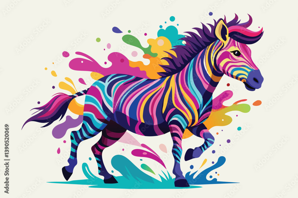 Poster a lively zebra runs energetically across a backdrop filled with color splashes, showcasing a playful