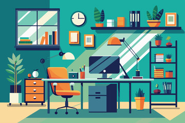 This vibrant home office features a sleek desk with a computer, stylish chair, and organized bookshelves filled with plants and decor, creating an inspiring workspace.