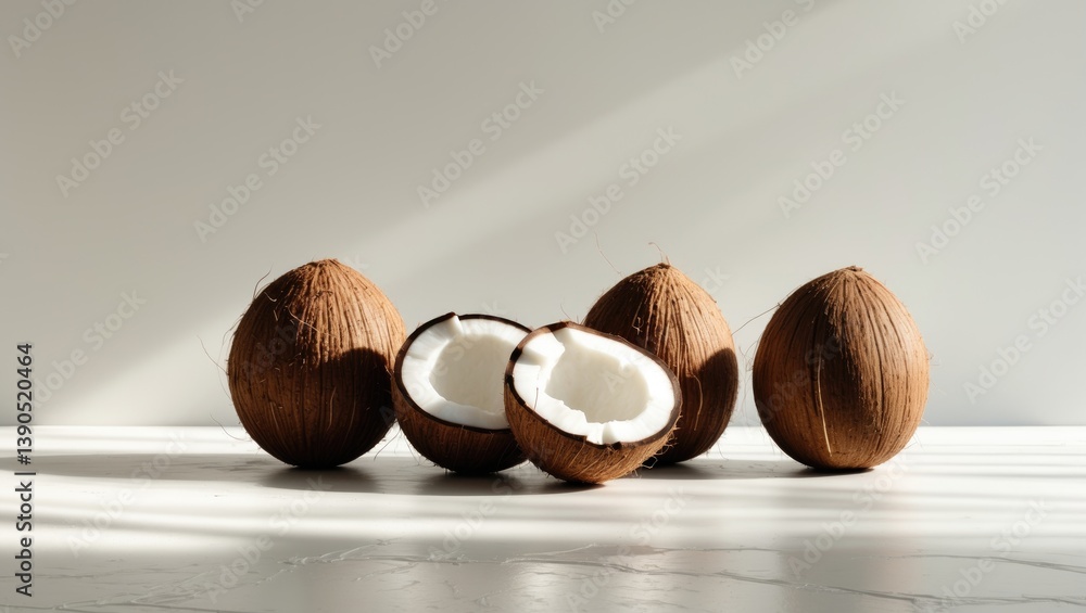 Aufkleber set of fresh whole and halved coconuts isolated on a background.