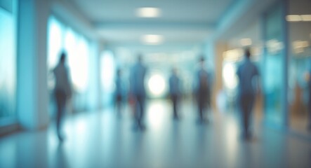 Charming panoramic view of a roomy office or mall hallway featuring a beautiful light blue blurred backdrop.