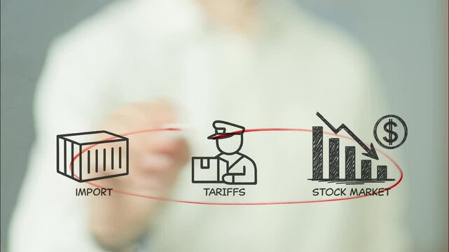 Corporate expert drawing interconnected economic scheme, illustrating correlation between import tariffs and stock market decline, highlighting global trade dynamics and financial strategy