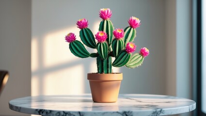 Charming flowering cactus in a container on a white marble surface indoors