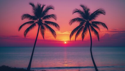 Obraz premium Two palm trees in silhouette against a beach.