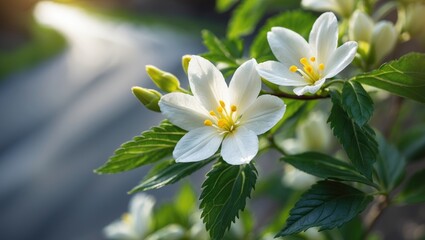 Obraz premium Lovely jasmine, white jasmine blossoms, five-petal flowers in bloom, flowers blossoming with text space.