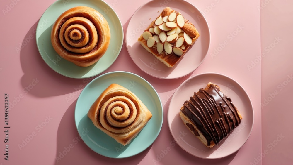 Poster three plates featuring cinnabon buns set on a pink background. side view allowing for copy space. ho