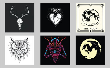 Fototapeta premium Black and white animal icons set featuring vintage tribal designs with symbols like crowns, skulls, lions, and eagles in a heraldic style