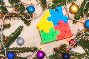 house, spruce branches,christmas background