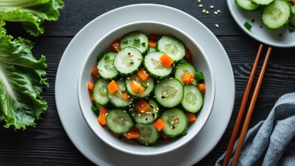 White plate with Chinese cucumber salad. Overhead view. Chopsticks. Asian dish. Bell pepper, cucumber, and sesame seeds. Vegetarian meal.