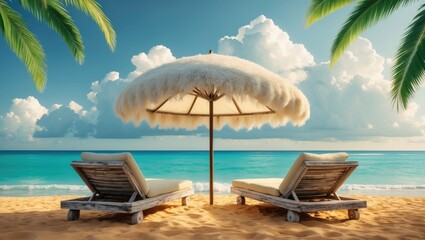 Obraz premium Tropical beach setting featuring two lounge chairs beneath an umbrella, with a calm ocean and sky in view.