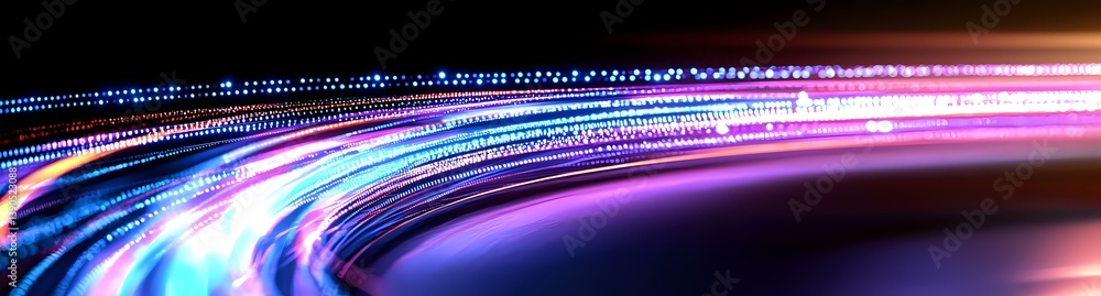 Poster dynamic light trails with vibrant blue and pink neon streaks curve across dark background creating f