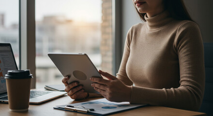 Naklejka premium A focused young woman reviewing data on her tablet, bathed in soft window light, creating a calm and productive atmosphere.