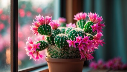 Obraz premium Christmas cactus placed in a pot on the windowsill