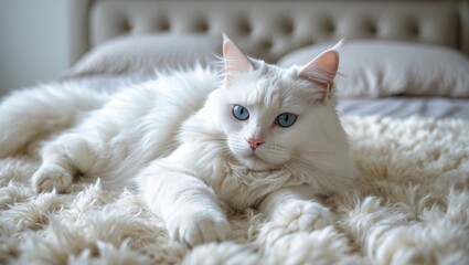 Obraz premium Charming White Cat Relaxing on Cozy Flokati Rug