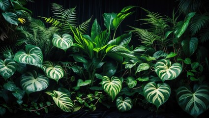 Tropical rainforest foliage plants and bushes in a garden against a black background, featuring a pattern of green variegated leaves.