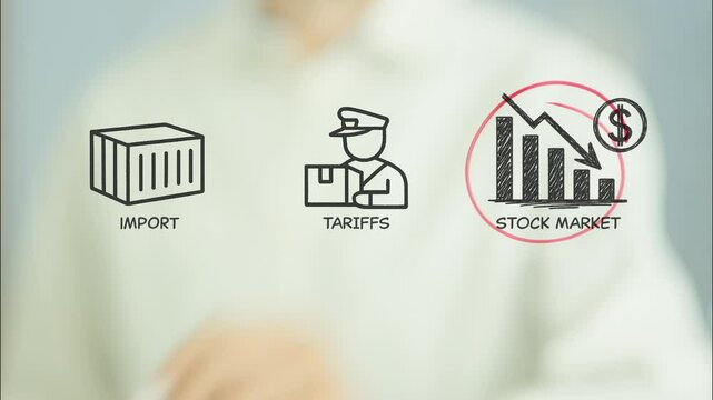 Businessman drawing and circling a decreasing graph representing negative stock market trends, correlating them with import tariffs and shipping costs, on a transparent board