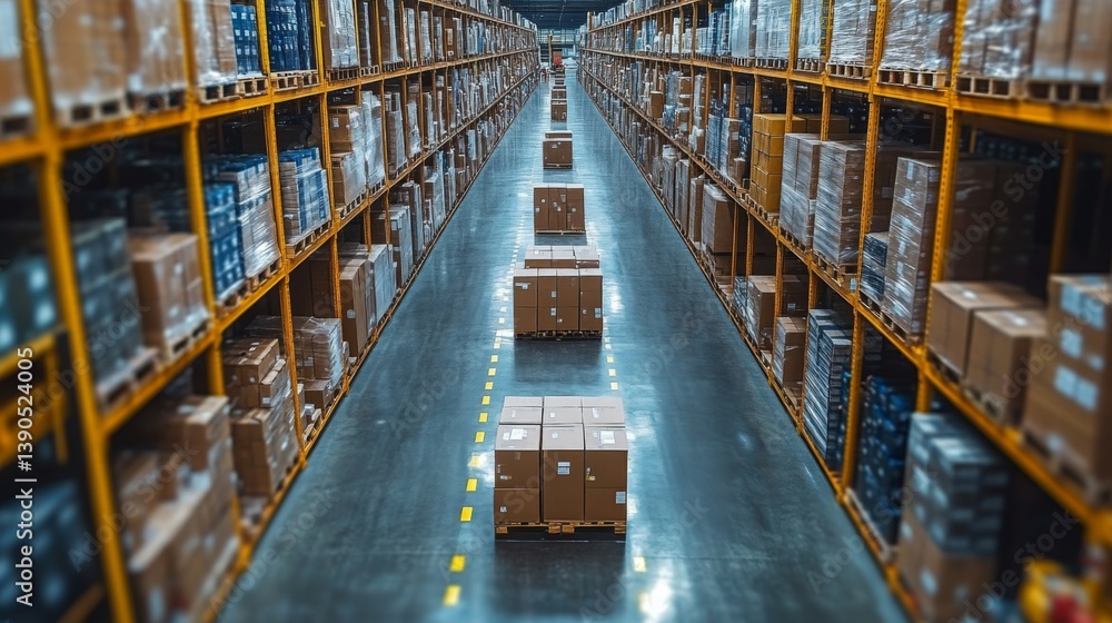 Poster Rows of shelves filled with stacked pallets and boxes create an organized and efficient environment for logistics and distribution. The facility emphasizes automation and mobility in operations.