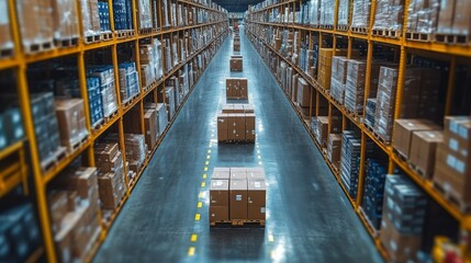 Rows of shelves filled with stacked pallets and boxes create an organized and efficient environment for logistics and distribution. The facility emphasizes automation and mobility in operations.