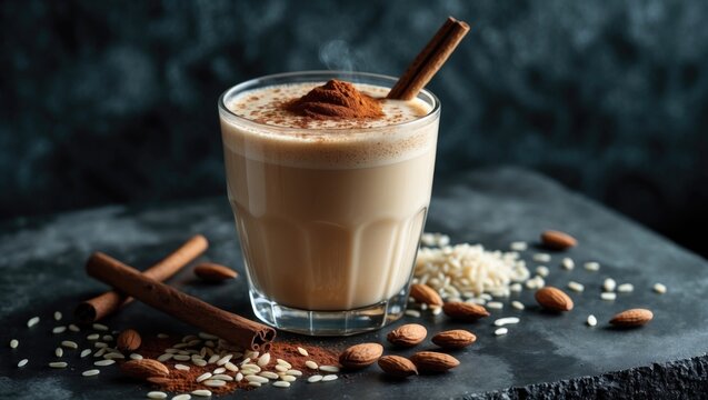 Authentic Mexican drink Horchata Latte - coffee combined with a blend of almonds, rice, vanilla, and cinnamon on a black concrete table with ingredients.