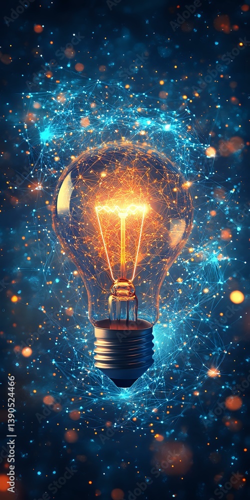 Poster glowing lightbulb surrounded by luminous network connections and particles on dark background, symbo