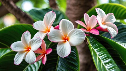 Fototapeta premium Gorgeous pink and white plumeria blooms decorate the trees on the island of .