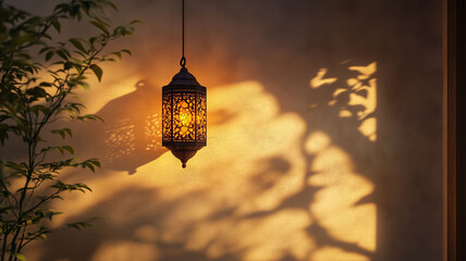 A Serene Ramadan Setting with a 3D Lantern Casting Intricate Shadows in a Cozy Corner 