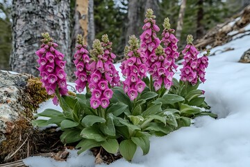 Obraz premium Pink foxglove flowers blooming in snowy mountain landscape, wild Digitalis purpurea growing among rocks and birch trees in early spring forest setting.
