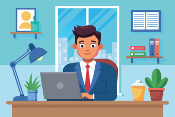 Fototapeta premium A young man in a suit focuses on his laptop while seated at an organized desk. The office features plants and shelves filled with books, creating a productive atmosphere.